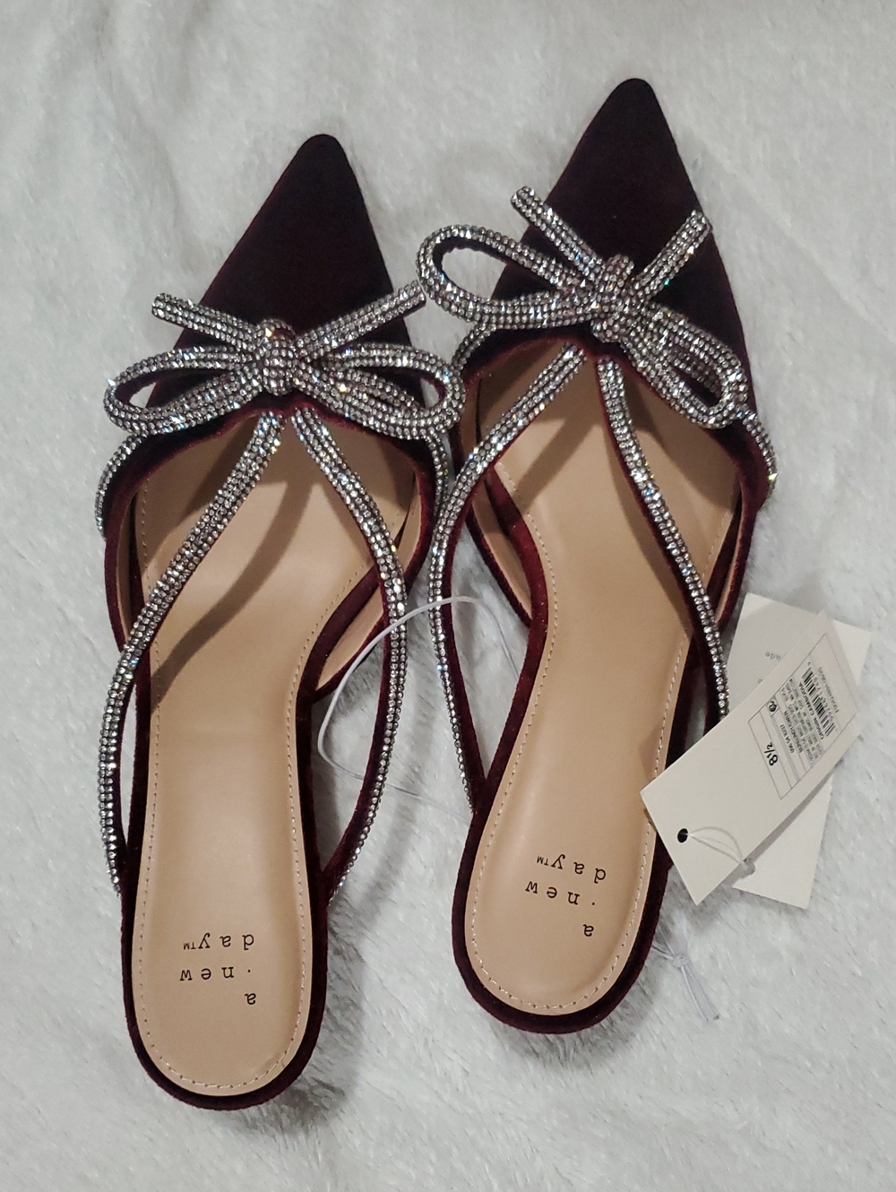 a new day Women's Burgundy Pointed Toe Crystal Bow Mules